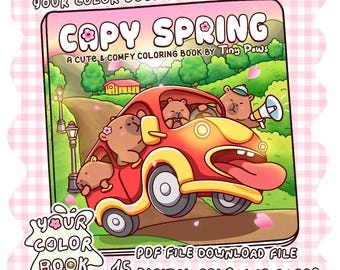 Capy Frühling Malbuch, 15+ mutige und einfache Ausmalseiten, lustige Capybara Szenen zur Entspannung für Erwachsene, printable PDF