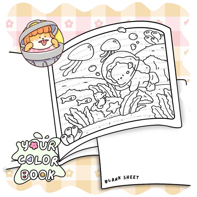 Puede incluir: Un libro para colorear con una ilustraci&oacute;n de una escena submarina, con peces, medusas y corales. La portada tiene el texto "YOUR COLOR BOOK" y un perro de dibujos animados con un casco espacial. Se ve una hoja en blanco.