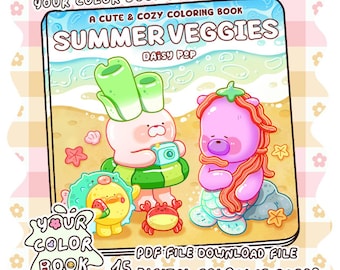 Libro para colorear de verduras de verano, 15 páginas para colorear llamativas y fáciles, personajes de verduras adorables en PDF para imprimir, descarga digital de comida kawaii.