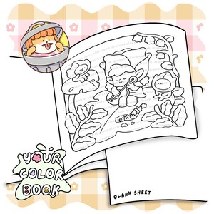 Puede incluir: Una p&aacute;gina de libro para colorear con una ilustraci&oacute;n de l&iacute;neas de un hada tocando un instrumento de cuerda rodeada de peque&ntilde;as criaturas y plantas. Una pegatina circular muestra un personaje en un cubo de basura. El texto dice YOUR COLOR BOOK.