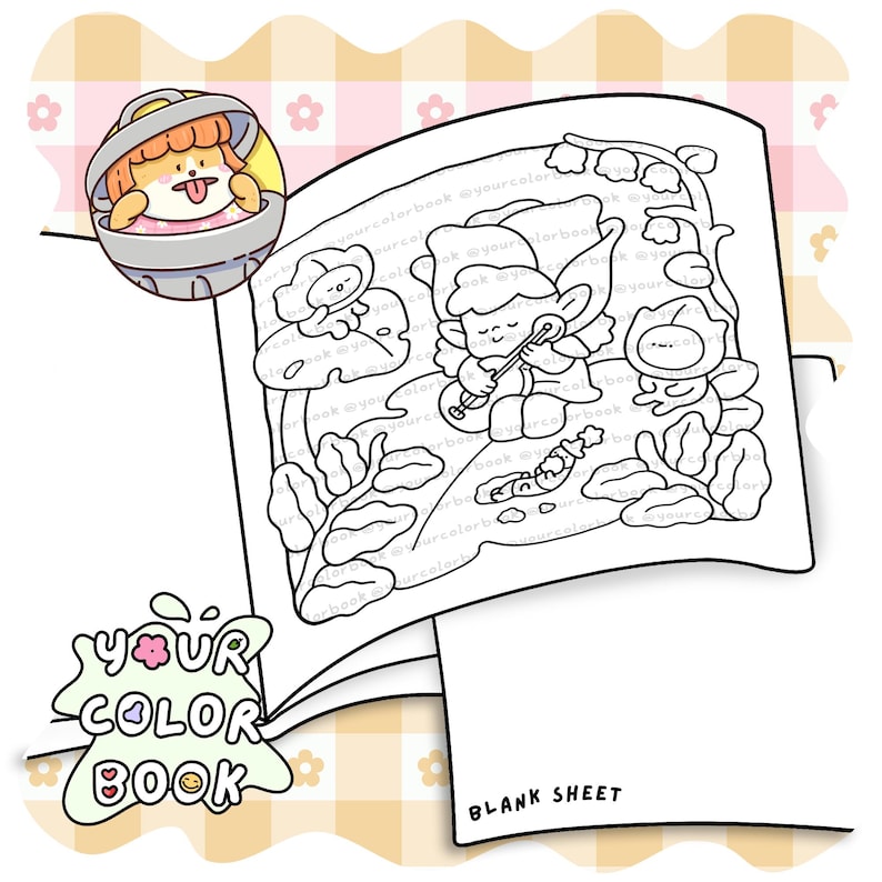 Puede incluir: Una p&aacute;gina de libro para colorear con una ilustraci&oacute;n de l&iacute;neas de un hada tocando un instrumento de cuerda rodeada de peque&ntilde;as criaturas y plantas. Una pegatina circular muestra un personaje en un cubo de basura. El texto dice YOUR COLOR BOOK.