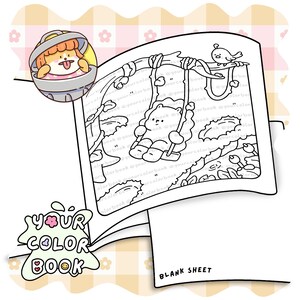 Puede incluir: Un libro para colorear con una ilustraci&oacute;n de dibujos animados de un oso en un columpio, un p&aacute;jaro y follaje. La portada presenta un perro en un recipiente. El texto "your color book" tambi&eacute;n es visible. Tambi&eacute;n es visible una hoja en blanco.