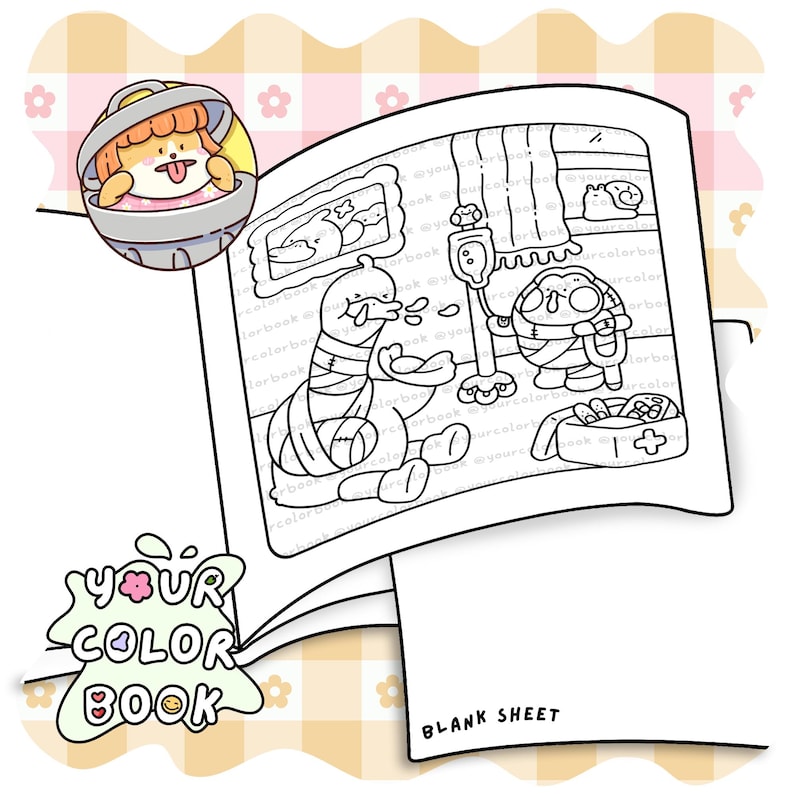May include: A coloring book page featuring a line art illustration of a bandaged duck and a character with crutches near an IV pole, with a small circular inset of a dog in a trash can and the text YOUR COLOR BOOK and BLANK SHEET.