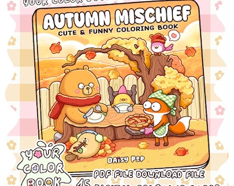 Autumn Mischief Funny Coloring Book, 20 Bold and Easy Coloring Pages, Cute Woodland Animal Fall Printable PDF, Digital Download by Daisy Pop