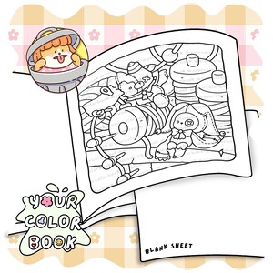 Pode incluir: Uma p&aacute;gina de livro de colorir com uma ilustra&ccedil;&atilde;o de linhas de um coelho de peluche e um carretel de linha, com um pequeno &iacute;cone circular de um c&atilde;o num caixote do lixo no canto e o texto YOUR COLOR BOOK e BLANK SHEET impresso.