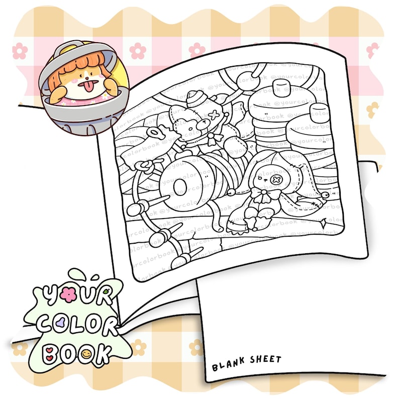 Pode incluir: Uma p&aacute;gina de livro de colorir com uma ilustra&ccedil;&atilde;o de linhas de um coelho de peluche e um carretel de linha, com um pequeno &iacute;cone circular de um c&atilde;o num caixote do lixo no canto e o texto YOUR COLOR BOOK e BLANK SHEET impresso.