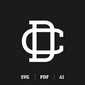 May include: White monogram logo with the letters "DC" intertwined. The logo is on a black background. The letters are in a bold, sans-serif font.