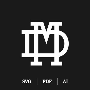 Könnte beinhalten: Weißes Monogramm-Logo mit den ineinander verschlungenen Buchstaben "MD". Das Logo befindet sich auf einem schwarzen Hintergrund mit den Wörtern "SVG", "PDF" und "AI" darunter.