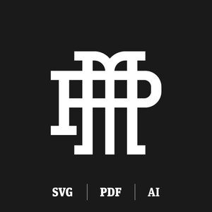 Può includere: Un logo monogramma bianco con le lettere "MP" intrecciate. Il logo è su uno sfondo nero con le parole "SVG", "PDF" e "AI" sotto.