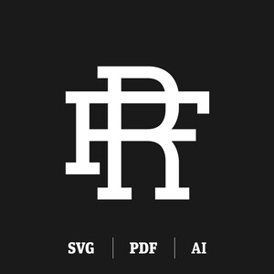 Könnte beinhalten: Ein weißes Monogramm-Logo mit den Buchstaben "RF", die ineinander verschlungen sind. Das Logo ist vor einem schwarzen Hintergrund platziert. Die Buchstaben sind in einer fetten, serifenlosen Schriftart.