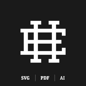 May include: A white geometric design with a grid pattern, resembling a stylized letter H. The design is on a black background with the words "SVG", "PDF", and "AI" below it.