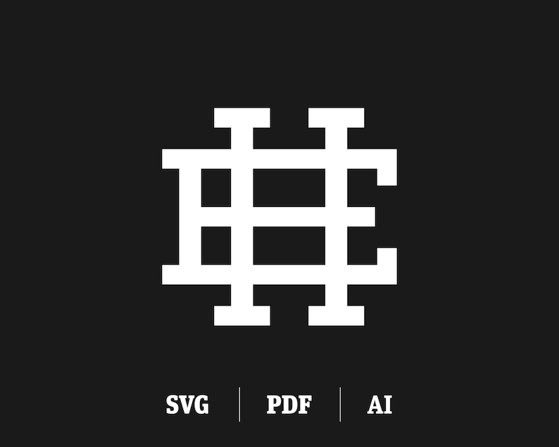 May include: A white geometric design with a grid pattern, resembling a stylized letter H. The design is on a black background with the words "SVG", "PDF", and "AI" below it.