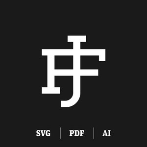 Könnte beinhalten: Weißes Monogramm-Logo mit den Buchstaben 'J' und 'F' ineinander verschlungen, vor schwarzem Hintergrund. Darunter steht der Text 'SVG | PDF | AI' in Weiß.