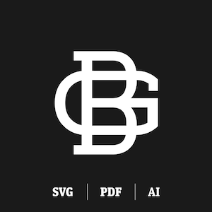 Könnte beinhalten: Weißes Monogramm-Logo mit den ineinander verschlungenen Buchstaben "BG". Die Buchstaben sind in einer fetten, serifenlosen Schriftart.