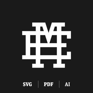 Puede incluir: Un logotipo de monograma blanco con las letras "MH" entrelazadas dentro de un marco cuadrado. El logotipo está sobre un fondo negro con las palabras "SVG", "PDF" y "AI" debajo.