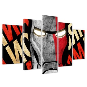 May include: A five-piece canvas print set featuring a stylized illustration of Iron Man's face in red, white, and gray. The background features the words "We Can Do It" in a vintage style.
