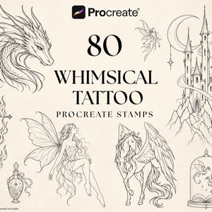 May include: A digital collection of 80 Procreate tattoo stamps featuring black line art illustrations of a dragon head, a fairy, a castle, a flaming sword, a winged horse, a potion bottle, and two small dragons inside a glass dome.