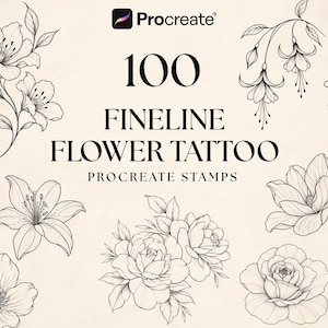 以下が含まれることがあります： 100種類のファインラインフラワー・タトゥー用Procreateスタンプのデジタルコレクション。ユリ、バラ、花などの様々な花のデザインが黒い線画で描かれ、ライトベージュの背景に「100 FINELINE FLOWER TATTOO PROCREATE STAMPS」というテキストが配置されています。