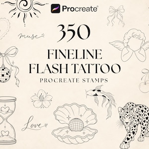 May include: A digital collection of 350 fineline flash tattoo Procreate stamps featuring black line art illustrations of a sun, heart, bow, cherub, disco ball, hourglass, flower, koi fish, cherry, and a leopard with heart-shaped spots.