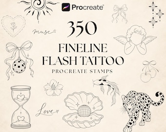 350 Procreate-Stempel für feine Linien-Tattoos, Flash-Tattoo-Designs, Tattoo-Pinselset, Tattoo-Schablonen für feine Linien
