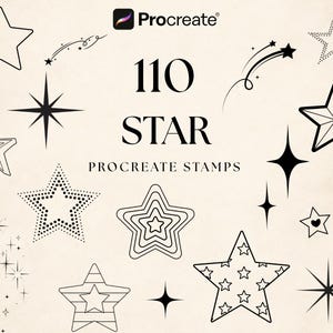 May include: A collection of 110 black star Procreate stamps featuring various designs including outlined, dotted, shooting, and patterned stars. The text reads Procreate 110 STAR PROCREATE STAMPS. These digital graphic elements are displayed in black on a light background.