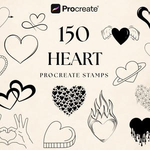 Può includere: Una collezione digitale di 150 timbri a forma di cuore per Procreate con vari disegni a linee bianche e nere, inclusi cuori con ali, fiamme, effetti gocciolanti, motivi floreali e mani che formano cuori su uno sfondo chiaro.