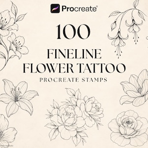 100 Flower Tattoo Procreate Stamps, Fineline Floral Tattoo Designs, Botanical Flowers, Tattoo Brush Set