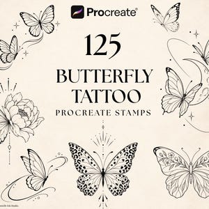 May include: A digital collection of 125 butterfly tattoo Procreate stamps featuring black line art illustrations of various butterflies, some paired with flowers, moons, and celestial accents, arranged on a light beige background.