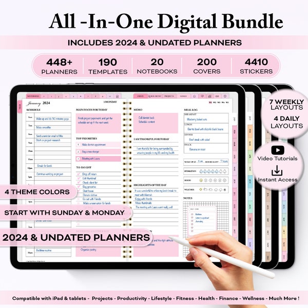 2024 digital planner, dated digital planner, pink digital journal, goodnotes planner, ipad planner, daily notability template, ADHD planner