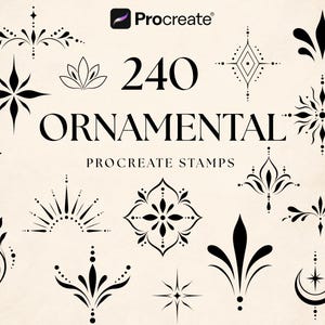 May include: A collection of 240 black ornamental Procreate stamps featuring various symmetrical designs, including stars, floral motifs, sunbursts, and crescent moons, arranged on a light background with the text 240 ORNAMENTAL PROCREATE STAMPS.