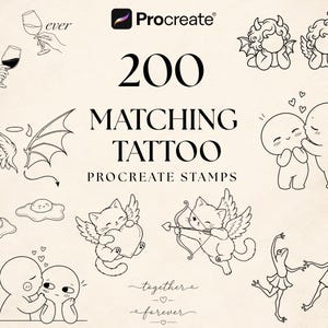May include: A digital collection of 200 matching tattoo Procreate stamps featuring black line art illustrations of angels, devils, cats with wings, kissing figures, dancing frogs, and fried eggs, with the text 200 MATCHING TATTOO PROCREATE STAMPS.