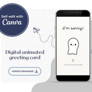 Carte virtuelle d'excuses, message vidéo numérique avec musique pour ami/petite amie/petit ami/mari/femme, dessin animé mignon fantôme