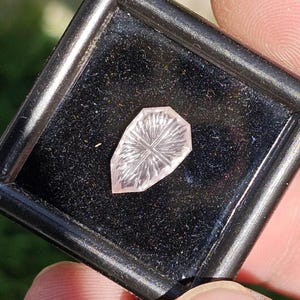 Op de afbeelding: Een lichtroze, schildvormige edelsteen met een gefacetteerd, stervormig patroon op het oppervlak. De edelsteen zit in een vierkant, zwart displaydoosje met een donkere, getextureerde binnenvoering om de helderheid van de steen te benadrukken.
