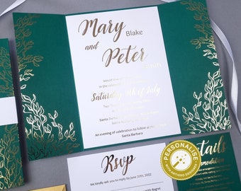 Wedding Invitation Gold Foiled, Wedding Invite Greenery Wedding Invitations Golden Leaves, Silver Foiled Wedding Invitations, Invitation Set