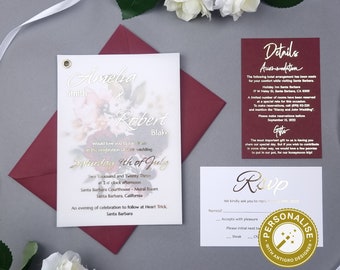 Vellum Burgundy Wedding Invitation, Wildflowers Wedding Invitation, Floral Wedding Invitation Set, Silver or Gold Foiled Wedding Invitation