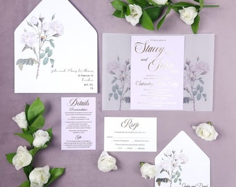 Purple Vellum Wedding Invitation, Wildflower Wedding Invitation, Foiled Wedding Invitation, White Rose Wedding Invitation, Floral Invitation