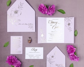 Wedding Invitation Purple Suite, Wildflower Wedding Invitation, Foiled Wedding Invitation, Wedding Invitation Suite, Floral Invitation Set