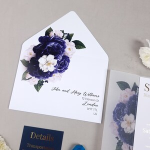 Navy Blue Wedding Invitations, Belly Band Wedding Invitation, Vellum Wedding Invitation, Floral Wedding Invite, Foiled Wedding Invitation image 5
