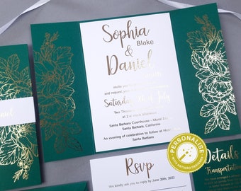 Wedding Invitation Green and Gold, Foiled Wedding Invitation Suite, Foiled Wedding Invitation Set, Floral Wedding Invite Set Greenery Invite