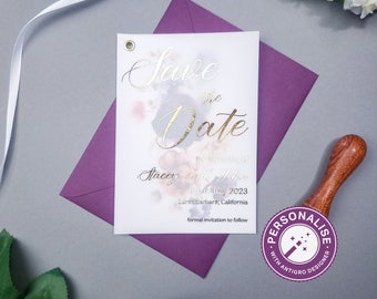 Violet Enregistrer la date, Vélin Or ou Argent Feuille Enregistrer la Date, Bleu Enregistrer la Date, Floral Enregistrer la Date Card, Mariage Enregistrer la Date