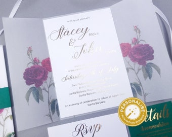 Greenery Vellum Wedding Invitation, Simple Wedding Invitation Gold Foiled Wedding Invitation, Red Rose Wedding Invitation, Belly Band Invite