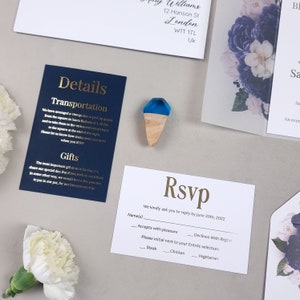 Navy Blue Wedding Invitations, Belly Band Wedding Invitation, Vellum Wedding Invitation, Floral Wedding Invite, Foiled Wedding Invitation image 4
