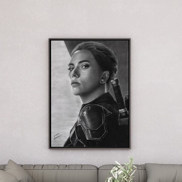 Portrait von Black Widow, mit einer hyperrealistischen Kohlezeichnung von Scarlett Johansson, gedruckt auf hochwertigem, weißem Satinpapier