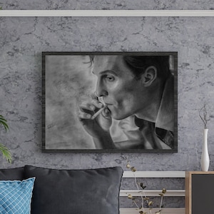 Portrait of Rust Cohle, featuring a hyper-realistic charcoal drawing of Matthew Mcconaughey printed on high-quality white satin paper