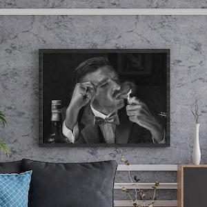 Portrait of Arthur Shelby, featuring a hyper-realistic charcoal drawing of Paul Anderson printed on high-quality white satin paper