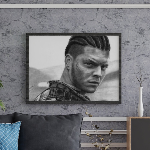 Portrait of Ivar the Boneless, featuring a hyper-realistic charcoal drawing of Alex Høgh Andersen printed on high-quality white satin paper