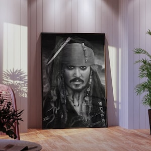 Portrait of Captain Jack Sparrow, featuring a hyper-realistic charcoal drawing of Johnny Depp printed on high-quality white satin paper
