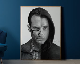 Portrait of Mr. Robot, featuring hyper-realistic charcoal drawing of Rami Malek & Christian Slater printed on high-quality white satin paper