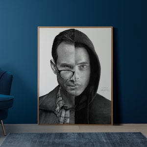 Portrait of Mr. Robot, featuring hyper-realistic charcoal drawing of Rami Malek & Christian Slater printed on high-quality white satin paper
