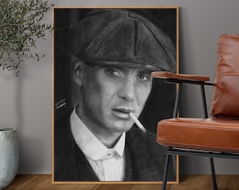 Portrait of Tommy Shelby, featuring a hyper-realistic charcoal drawing of Cillian Murphy printed on high-quality white satin paper